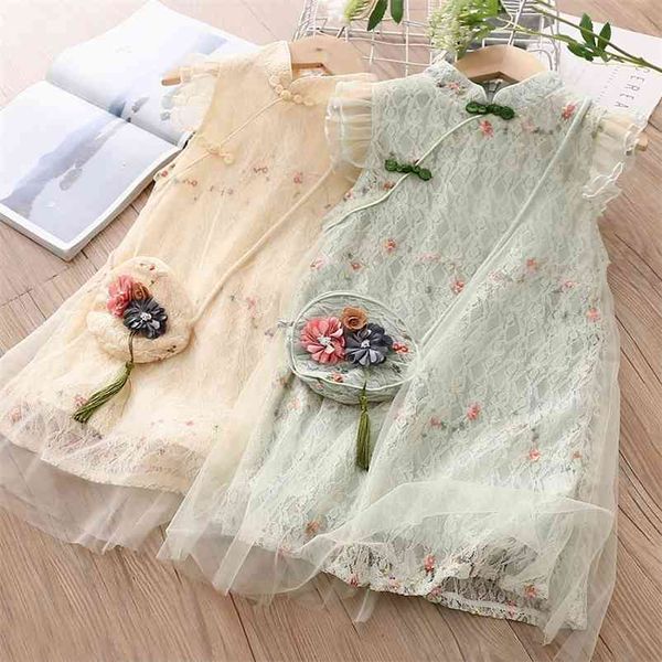 Sommer 3 4 6 8 9 10 11 12 Jahre chinesischer Stil Kinder Rundhalsausschnitt Fly Sleeve Spitze Cheongsam Kleider mit Tasche für Babys 210625