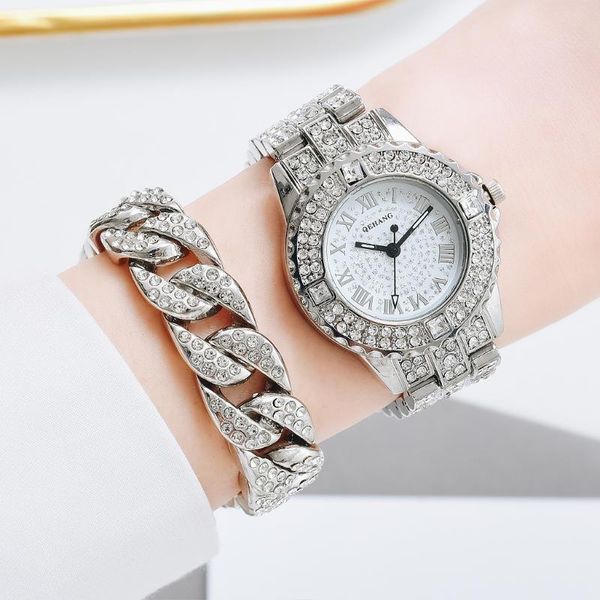 

wristwatches full diamond women's watch set bracelet two-piece fashionable and exquisite quartz fashion, Slivery;brown