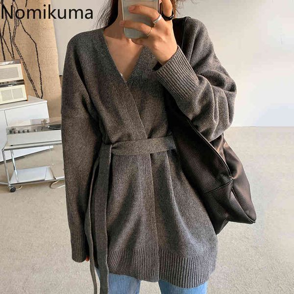 

nomikuma sweater women korean chic autumn winter knitwear v-neck slim waist lace up long sleeve knitted cardigan ladies 3d450 210514, White;black