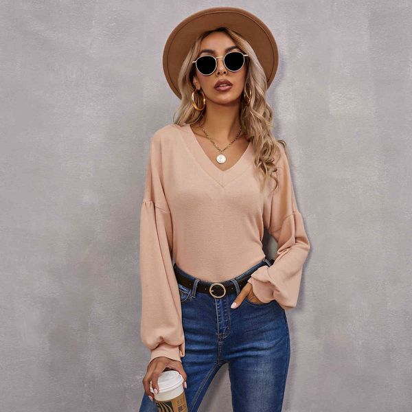 

women pullovers t shirt for spring summer fashion v-neck latern long sleeve apricot women's loose 210524, White