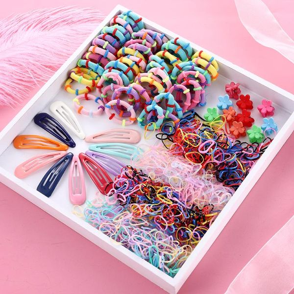 

hair accessories 870 pcs/set candy color girls cute small flower clips rope ponytail holder kids colourful baby, Slivery;white