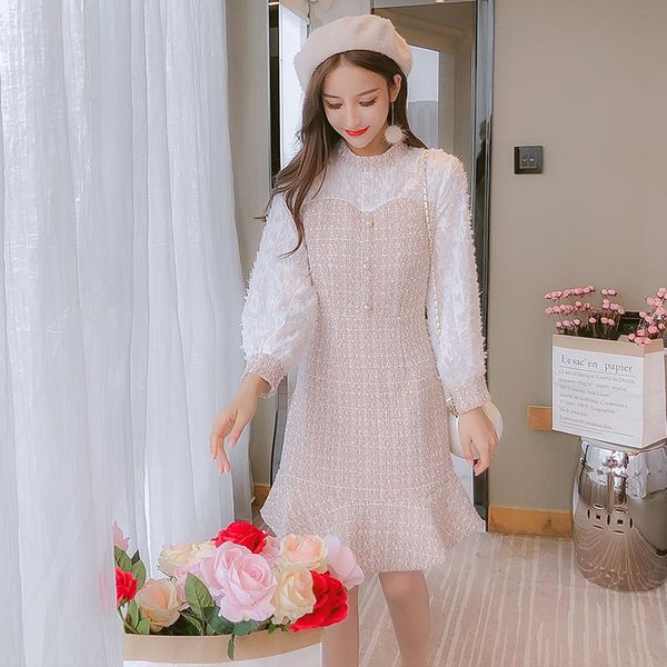 

casual dresses coigarsam women dress 2022 long sleeve woolen pale pink robe vestidos, Black;gray