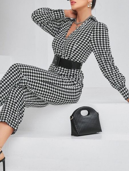 

houndstooth lantern sleeve belted jumpsuit o69j#, White