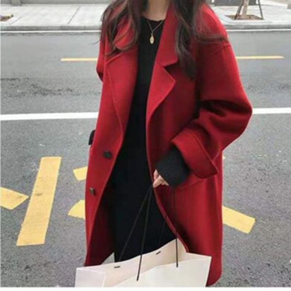 

women's wool & blends red woolen coat female winter 2021 korean style loose mid-length over the knee thick hepburn, Black