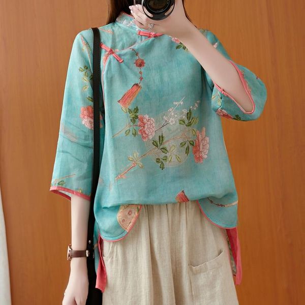 

ethnic clothing 2021 chinese traditional clothes cotton hanfu modern style printed blouse retro tea ceremony, Red