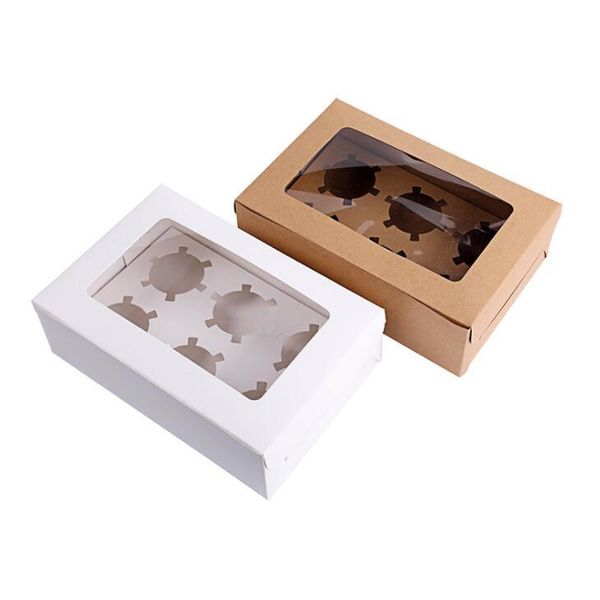 Pencereli Cupcake Kutuları Beyaz Kahverengi Kraft Kağıt Kutusu Hediye Paketleme Düğün Festivali Parti 6 Kupası Kek Tutucular için Özelleştirilmiş