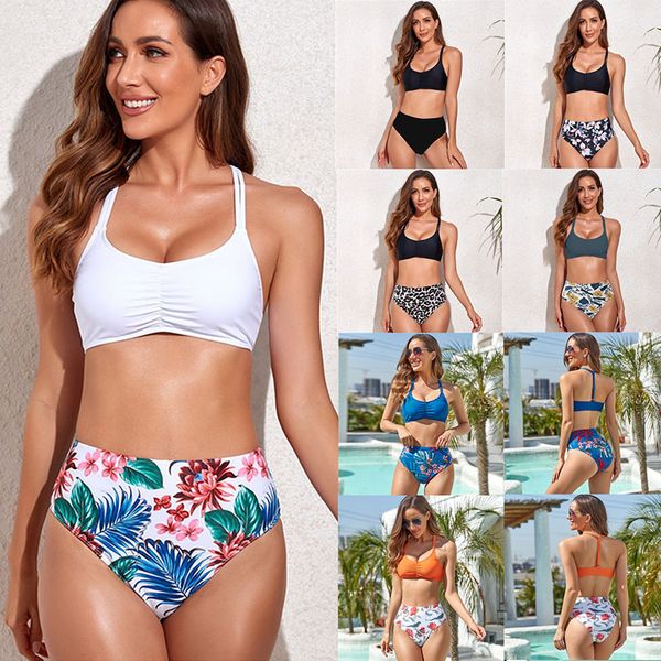 ZL0502 Sexy mehrfarbig bedruckter, hoher Taillen-Falten-Bikini, geteilter Badeanzug, Damen-Dreipunkt-Badebekleidung, weiblicher Biquini, Sommer-Schwimmanzug, Dessous