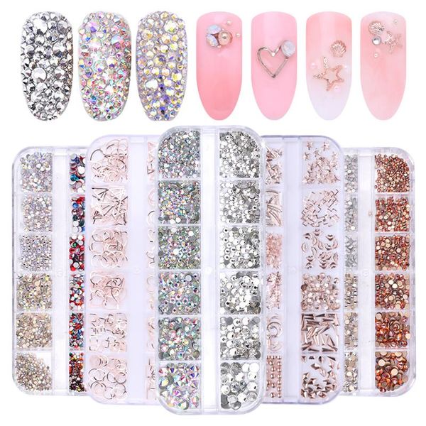 

box hollow studs nail art rhinestone gold silver clear flat bottom mixed shape diy 3d decoration in wheel decorations, Silver;gold