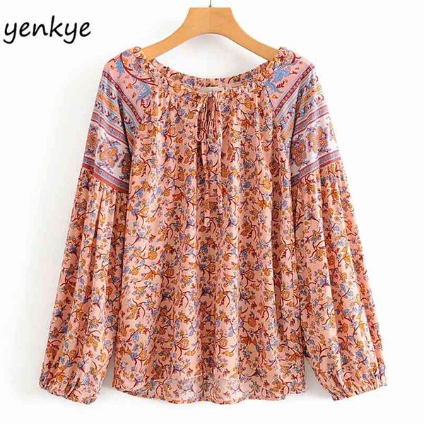 

vintage women floral print blouse long sleeve lace up o neck casual summer boho blusas dwdd87177 210514, White
