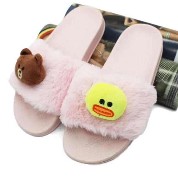 

slippers womens zapatos mujer ladies slip on sliders fluffy faux fur flat fashion animal casual slipper flip flop sandal, Black