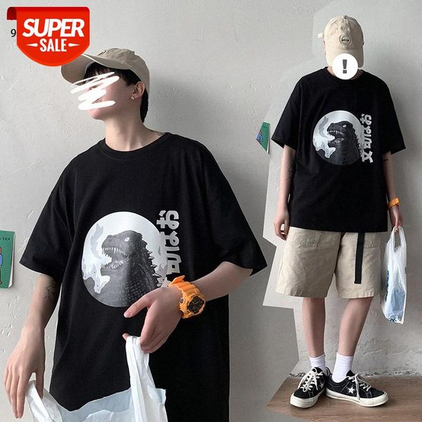 

japanese creative dinosaur pattern printing short-sleeved t-shirt male flow large size loose half-sleeved short t #al51, White;black