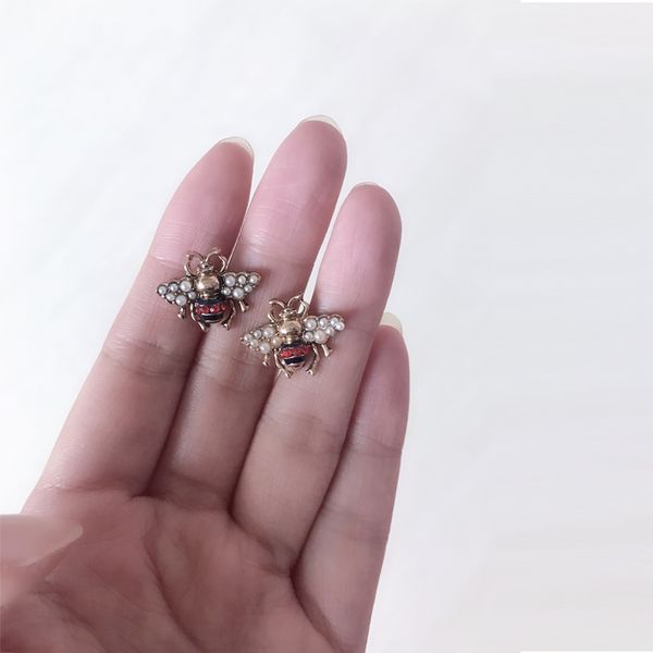 

women insect bee stud earring vintage rhinestone pearl bee earring european jewelry accessories gift for love hugs fashion, Red;brown