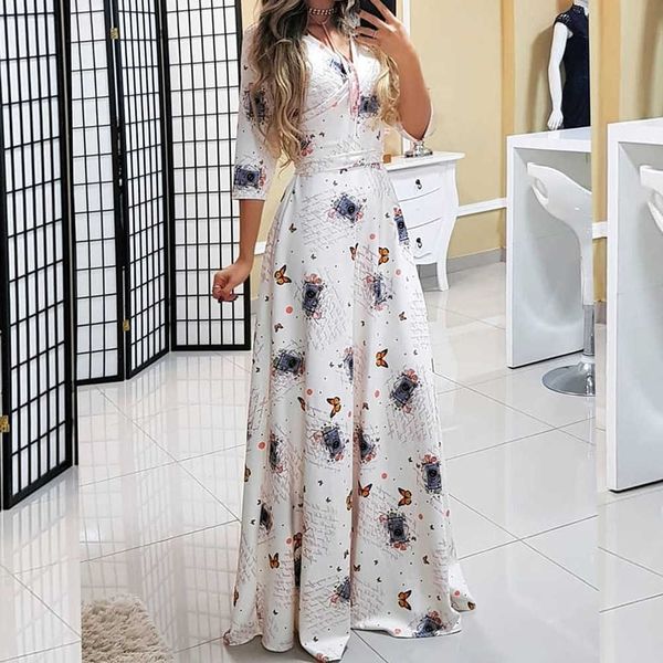 Boho Mulheres Verão V-Neck Maxi Drsweet 3/4 Manga Piso-Comprimento Floral Sundpullover Lace Up Viagem Olhar Vestidos Boêmios X0621