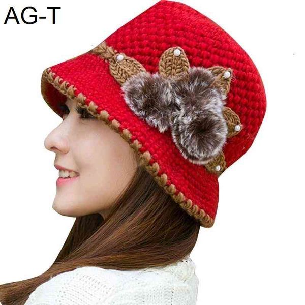 

fashion women lady winter warm crochet knitted cap flowers decorated ears hat casual caps female beautiful flowers decorated#g30, Blue;gray