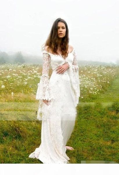 

2021 vintage wedding dresses long poet sleeves lace applique corset back off the shoulder sweep train custom made country bridal gown vestid, White