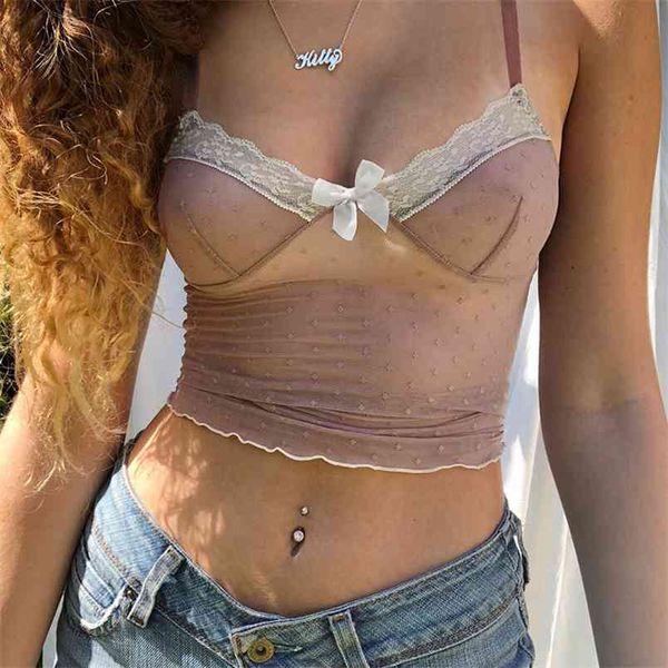

brown lace patched y2k summer transparent crop with thin strap backless sleeveless v neck bow mesh cami outfits 210510, White