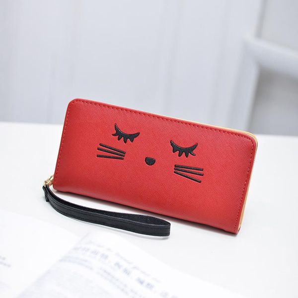 

wallets 2021 fashion women's bag beautifully embroidered squint cat single zip wallet with wrist strap little girl clutch, Red;black
