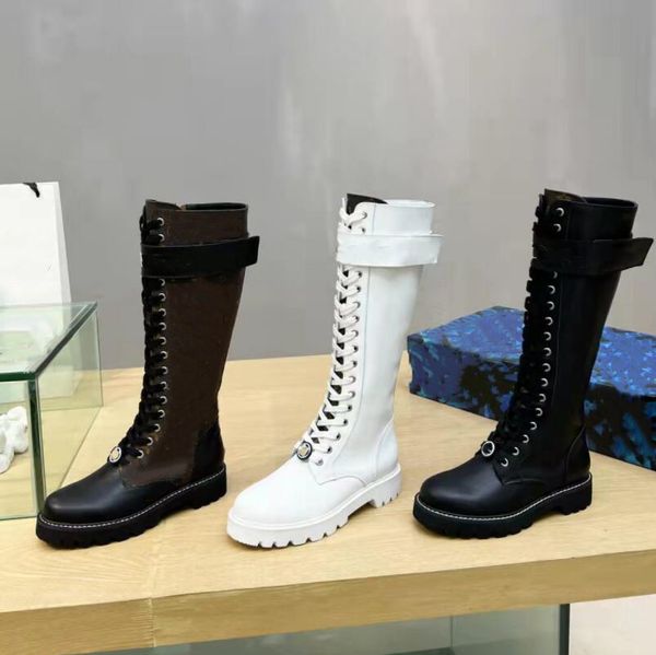 

2022 women wonderland flat ranger boot twist buckle fashion designer lady leather strap canvas lace-up rubber outsole ankle boots 35-41, Black