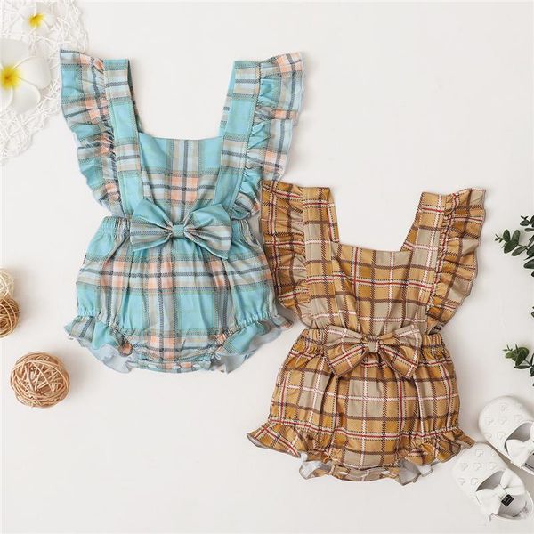 

0-24m born baby girls boys rompers plaid print ruffles short sleeve backless bowknot jumpsuits, Blue