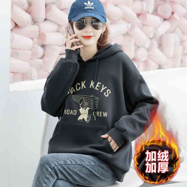 

autumn and winter 2020 new hooded sweater plush thickened loose coat women's, Black