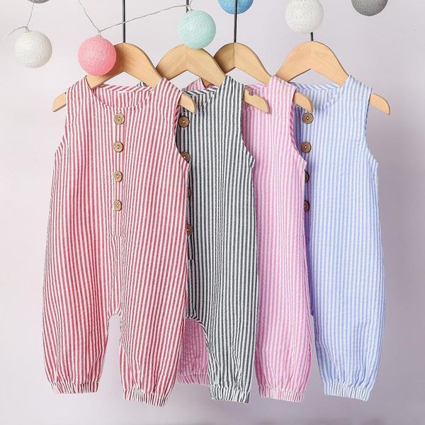 

jumpsuits summer born baby boys girls romper cotton linen striped sleeveless infant boy playsuit jumpsuit, Blue