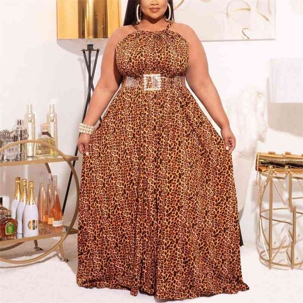 Vestido de impressão de leopardo Plus size 4xl 5xl para senhoras africanas halter alta cintura chão comprimento sem encosto elegante noite pano 210510