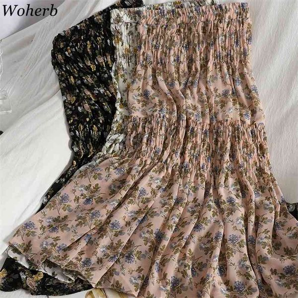 

vintage floral printed pleated midi-long women chiffon skirts high waist female korean chic spring summer 210519, Black