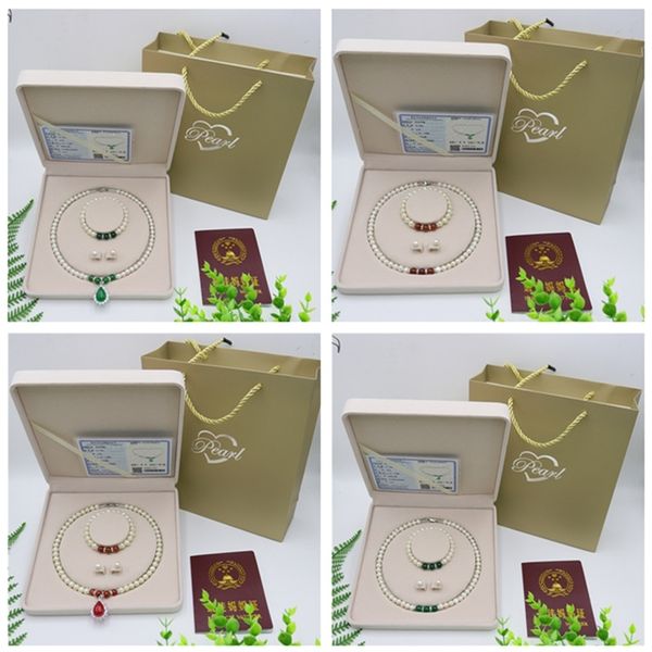 

straight mother's day pearl necklace set red agate pendant green chalcedony three piece gift box, Black
