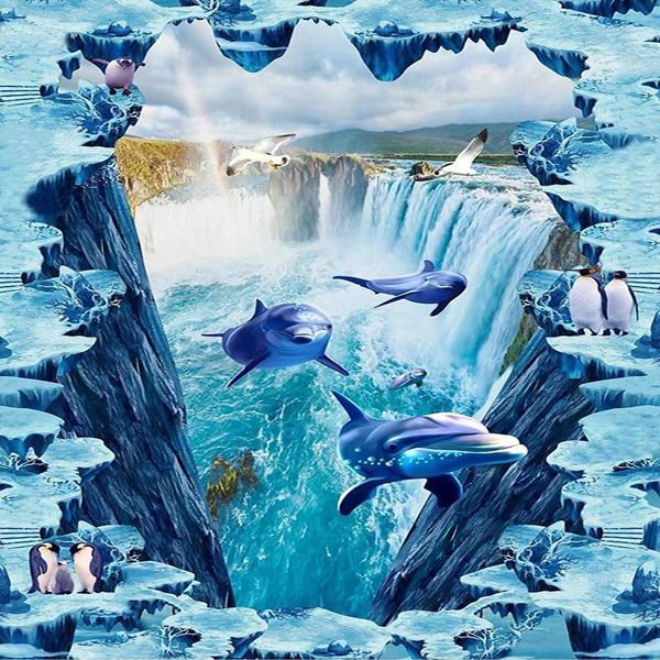 

wallpapers pvc self-adhesive floor mural wallpaper 3d stereo waterfall dolphin tiles bathroom living room mall waterproof stickers