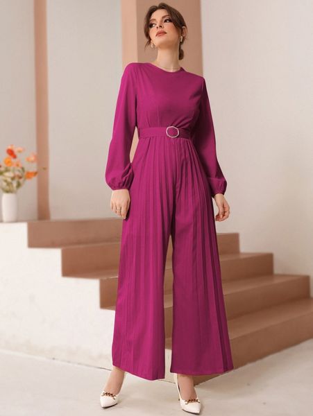 

lantern sleeve pleated wide leg buckled belted jumpsuit h3jf#, White