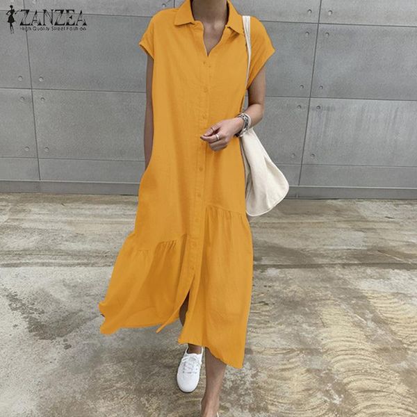 

casual dresses zanzea summer women lapel short sleeve dress retro long shirt vestido solid irregular maxi sundress cotton linen robe, Black;gray