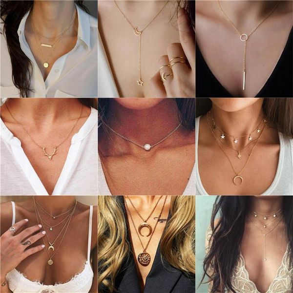 

pendant necklaces bohemian multilayer necklace for women fashion geometric charm chain wholesale jewelry, Silver