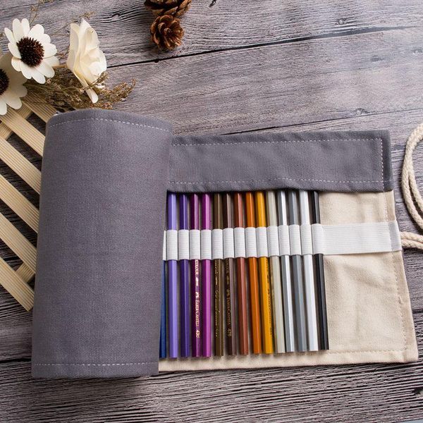 

storage bags 36/48/72 holes solid grey pencil wrap portable canvas roll up case holder pouch for painting school supplies