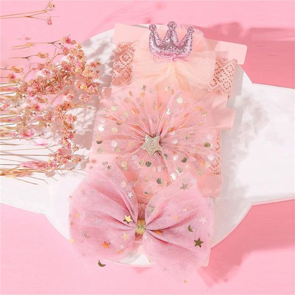 

hair accessories 3pcs baby crown headbands set kids born cartoon hairwear lace flowes bowknots headwear gifts 0-2t, Slivery;white