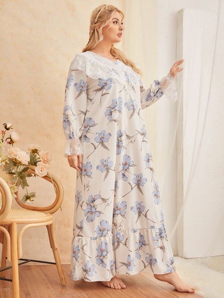 

plus lace trim ruffle trim floral print nightdress w6my#, Black;white