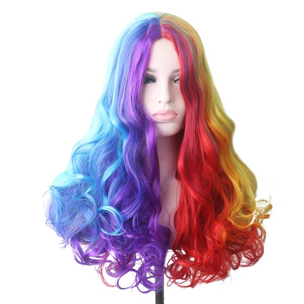 

woodfestival wavy rainbow synthetic wig long hair colored cosplay wigs for women female green pink red blue purple brown blonde, Black