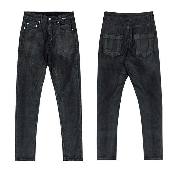 

men's jeans ro waxed jeans rick dark owens slim fit small feet wax face long pants for men and women, Blue