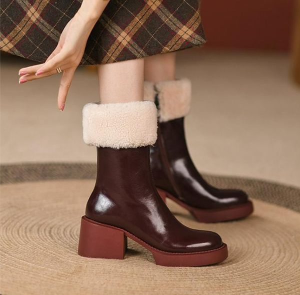 

boots leather women knee-high autumn winter warm heels shoes woman concise casual snow, Black