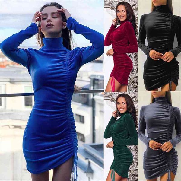

elegant autumn winter fashion womens dress turtleneck mini package hip casual bodycon solid long sleeve ladies vestido, Black;gray