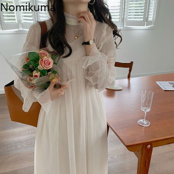 

nomikuma korean chic dress women stand color see through elegant long sleeve gauze dresses two piece vestidos mujer 210514, Black;gray