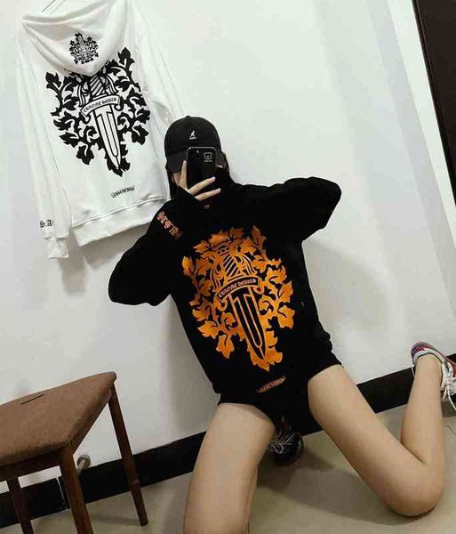 

tide 2021 autumn and winter trend sweater men's women's sword totem printed terry loose long sleeve hoodie couple's top, Black