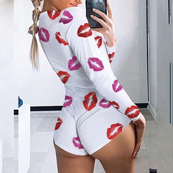 

casual plus size long sleeve women romper lip print bodysuit fall overalls clothes one piece y2k winter, Black;white