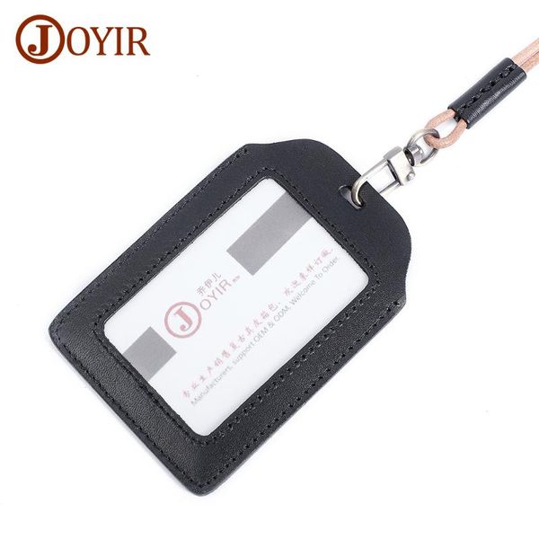 

card holders joyir name genuine leather lanyard office work pass holder badge cards cover with neck strap, Brown;gray