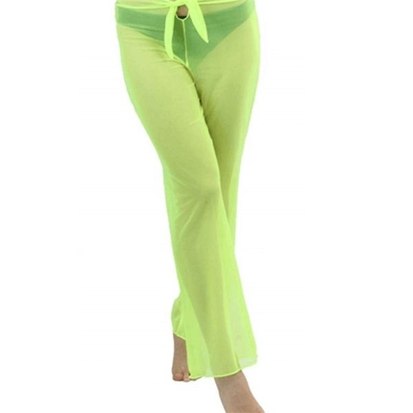 Le donne estive vedono attraverso Boho Flare Pantaloni a vita alta Pantaloni lunghi da spiaggia in maglia trasparente allentata Fondo trasparente verde neon 210517