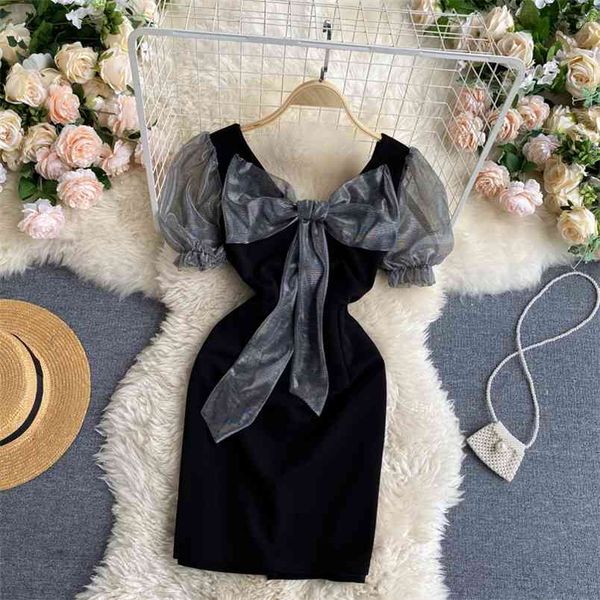 

spring fashion retro mesh stitching vestidos female v-neck bow puff sleeves waist slim mini dress c602 210506, Black;gray
