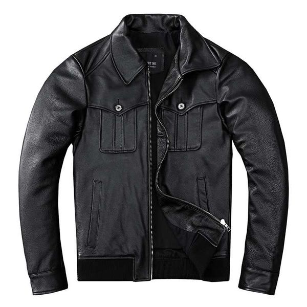 

men's leather & faux genuine cowhide black jacket short slim-fitting motorcycle jersey coat large size  2xl