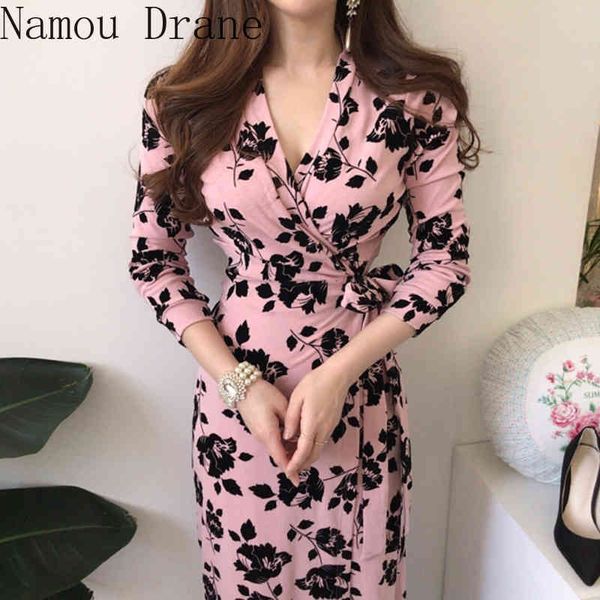 

south korea chic gentle and elegant flowers show thin v collar cross side tie with a waistline dress 210429, Black;gray