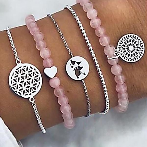 

link, chain 5 pcs/ set bohemian pink beads heart dream catcher map pendant multilayer silver bracelet female fashion birthday gift, Black