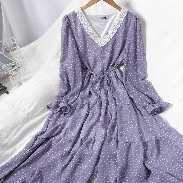 

casual dresses summer lace v-neck print dot long dress spring sweet chiffon midi ruffles female vintage vestido for women, Black;gray