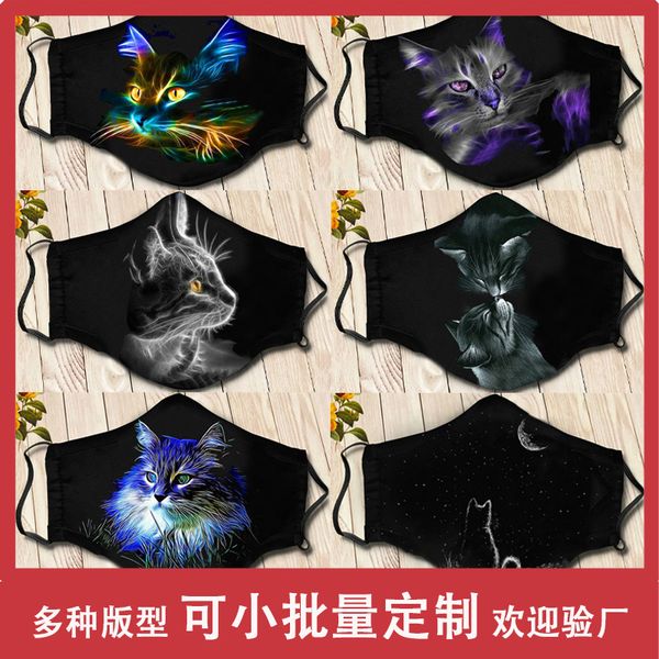 

cat print dustproof windproof washable black cotton mask with filter insert